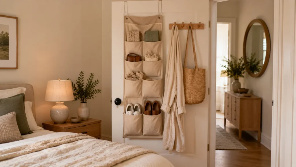 Small bedroom storage ideas using an over-the-door organizer for shoes and accessories to reclaim vertical space