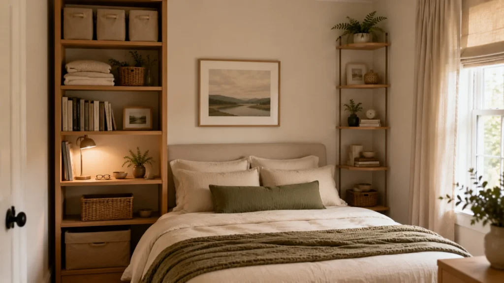 Tall shelving around the bed as a small bedroom storage idea, keeping everyday items at eye level in a compact room