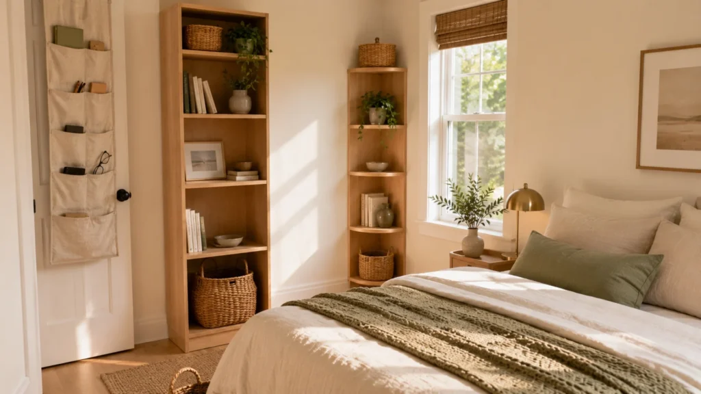 Small bedroom storage ideas making every wall work harder with tall shelving and an over-the-door organizer