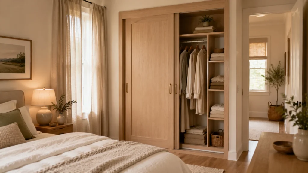 Wardrobe ideas for a small bedroom: a shallow sliding-door wardrobe that saves the swing space of hinged doors