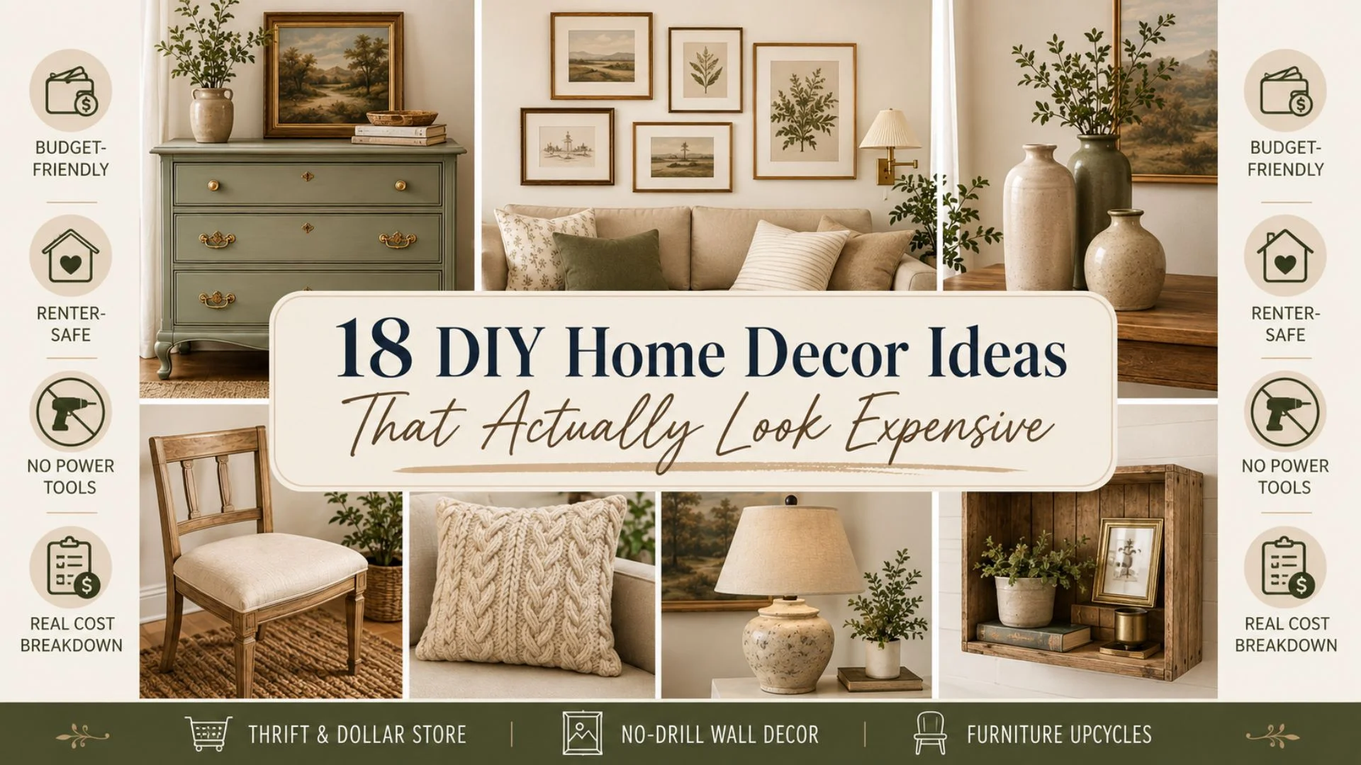 18 DIY home decor ideas collage showing dollar store swaps, no-drill wall decor, and thrifted furniture upcycles that look expensive