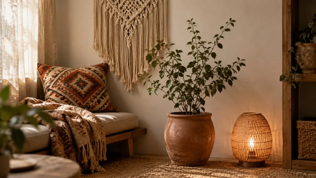 Boho fall decor idea layering terracotta, macramé, and warm earthy textures in a cozy neutral corner