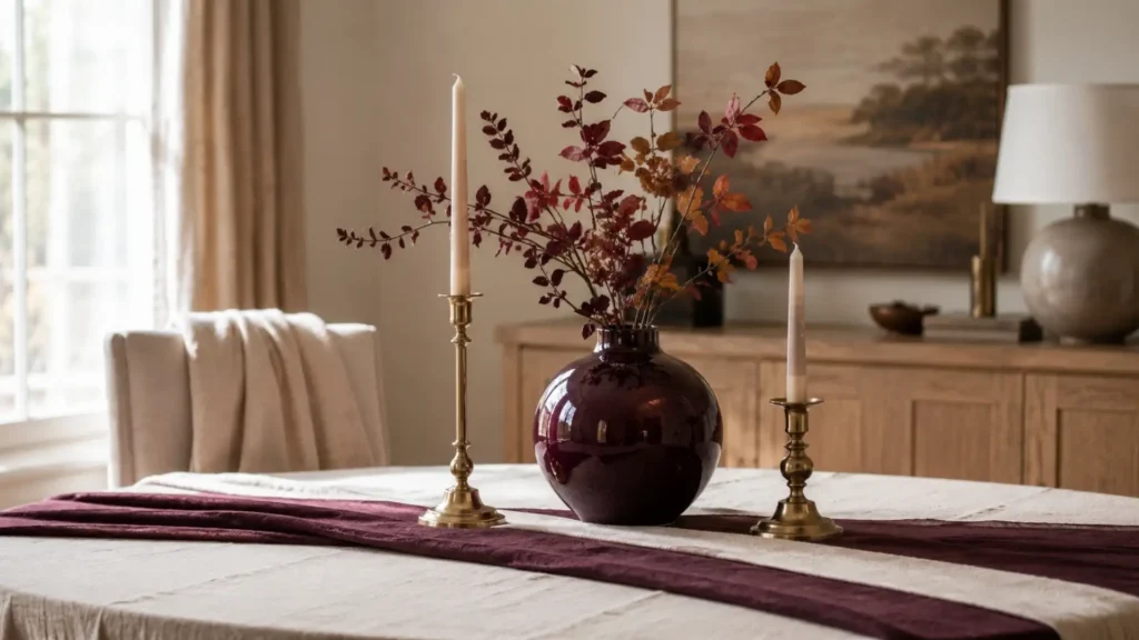 Elegant fall decor idea with a fall floral arrangement, muted brass candlesticks, and a deep plum accent in a glass vase