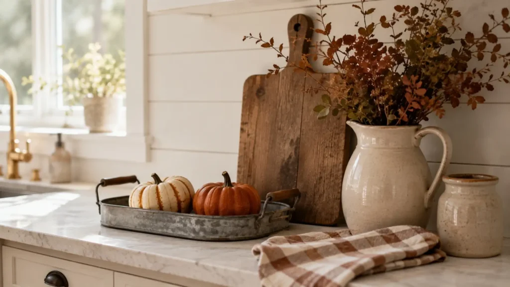 Farmhouse fall decor idea with a white pumpkins display in a galvanized tray and a checked linen towel