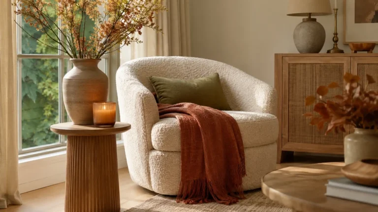 Fall home decor idea: a cozy living room corner with a rust throw, dried branches in a tall vase, and warm candlelight