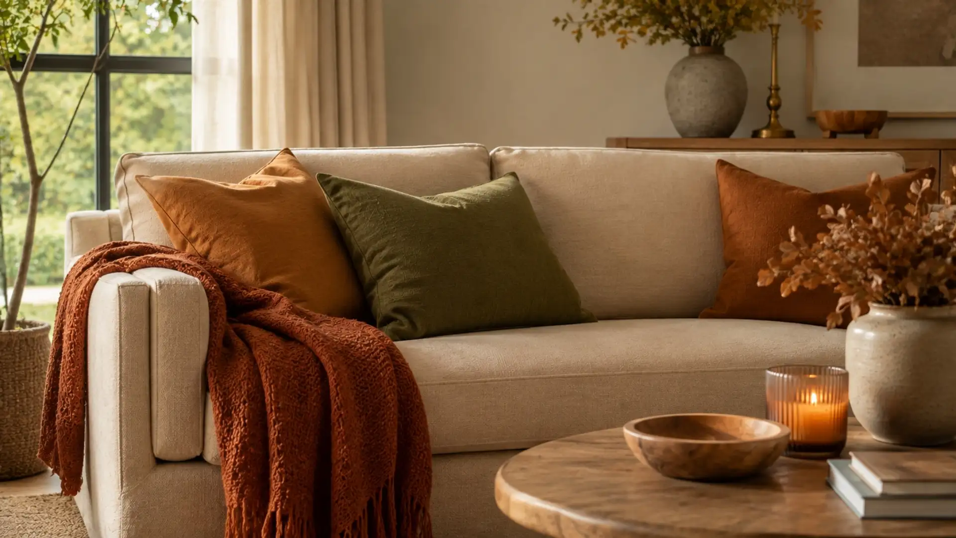 Budget fall home decor idea: swapping in a rust throw and pillow covers without buying new furniture