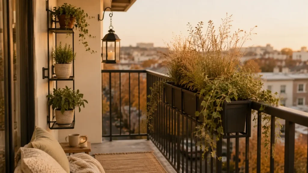 Fall balcony decor idea for apartments using a railing planter and vertical plant stand