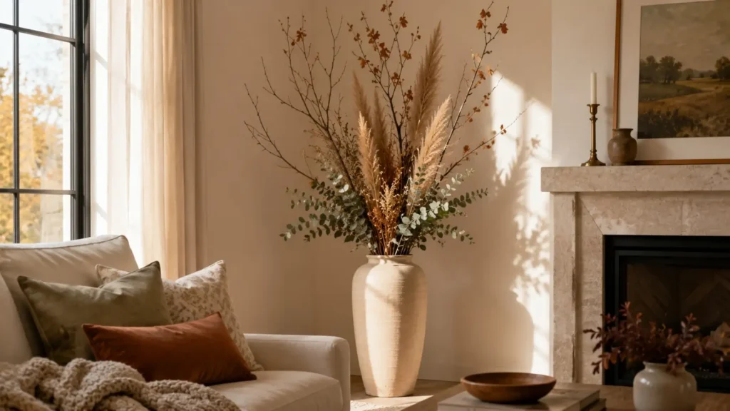 Fall home decor idea filling a tall vase with dried branches and pampas grass