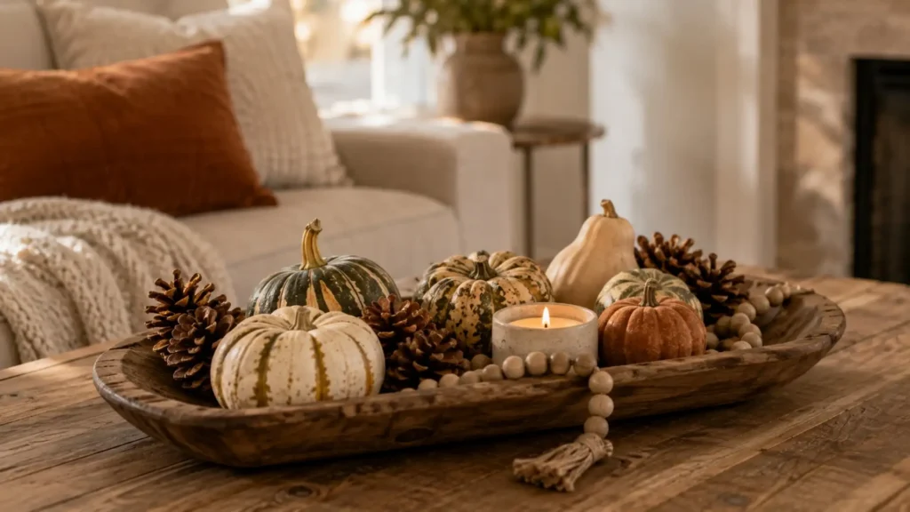 Fall decor idea grouping gourds, pinecones, and wood accents on a tray