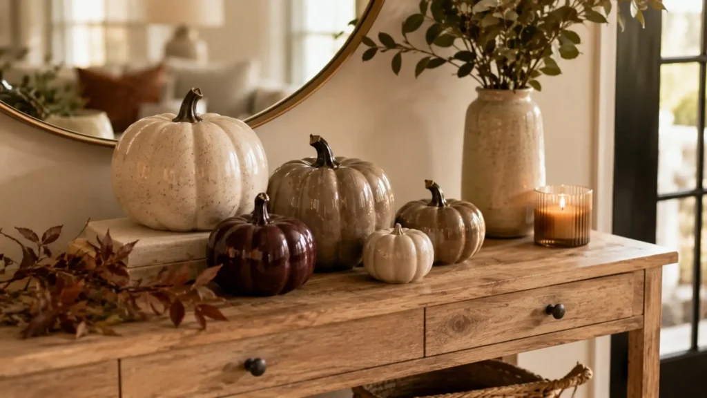 Stoneware pumpkin collection as a reusable fall home decor idea