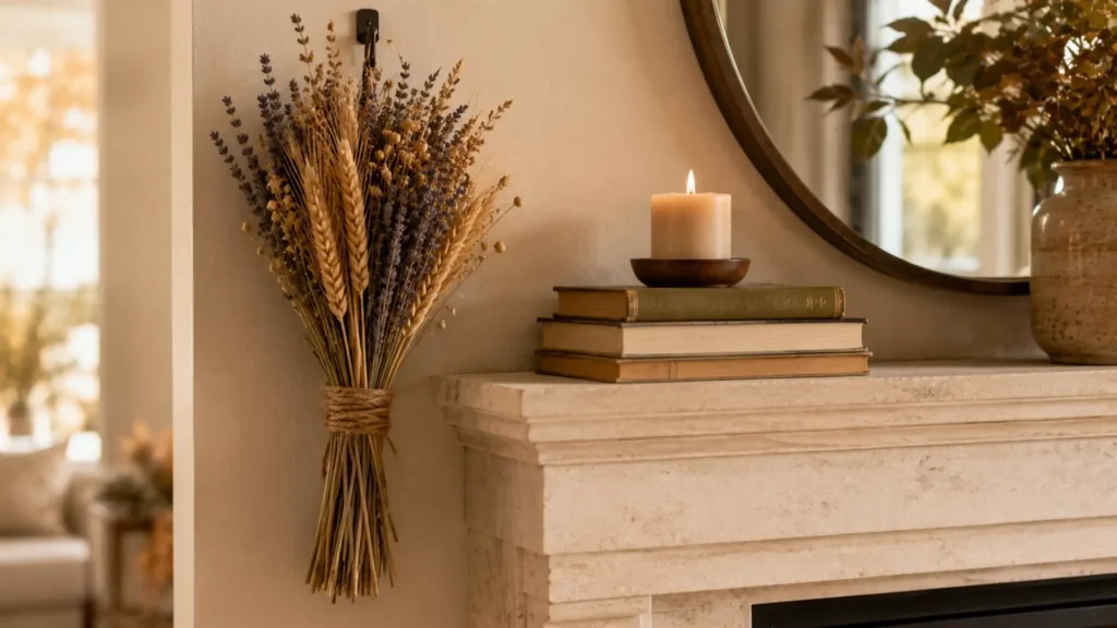 Dried flower and wheat bundle hung on a mantel as a simple fall decor idea
