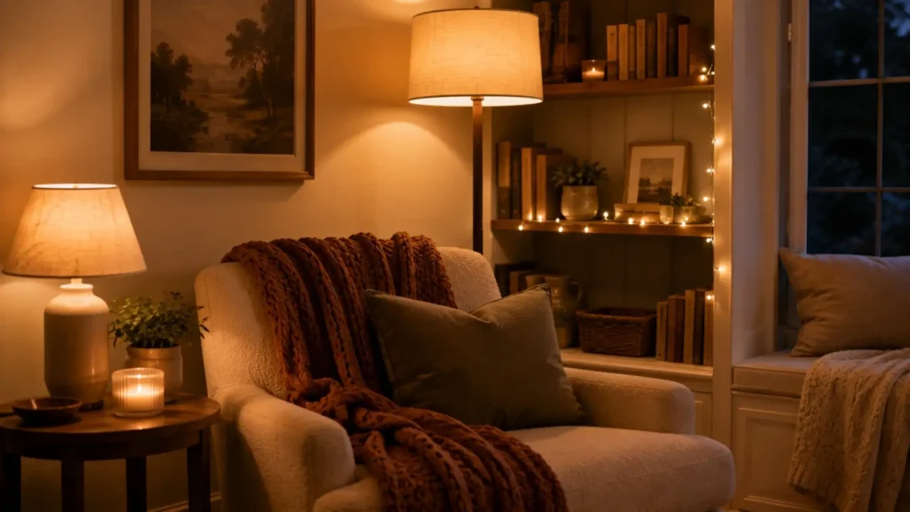 Layered lamps and candlelight fall lighting idea for a cozy living room