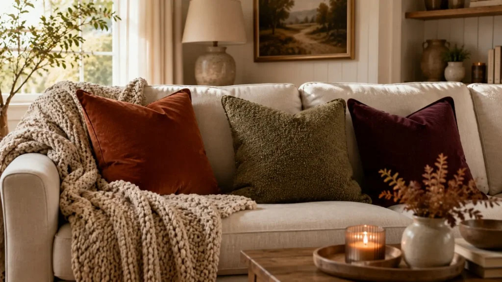 Chunky throw and seasonal pillow covers as an easy fall home decor update