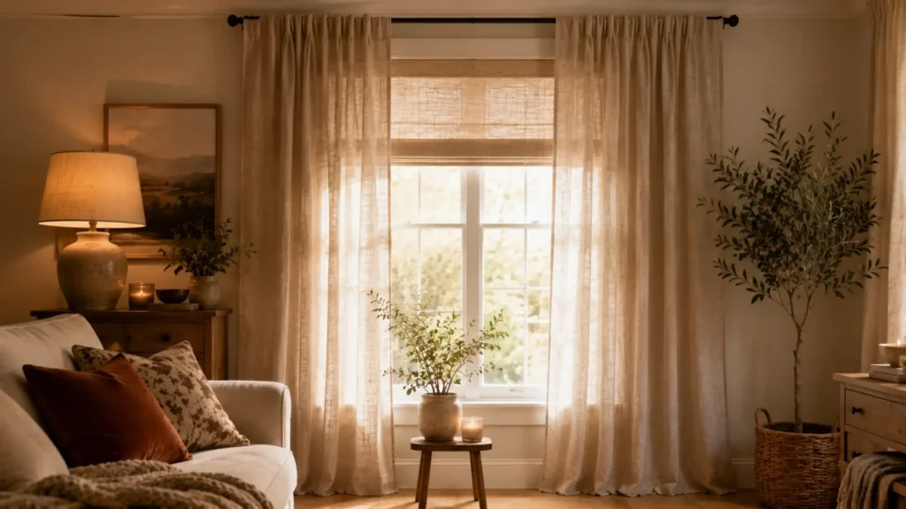 Linen-look curtains softening a window for renter-friendly fall home decor