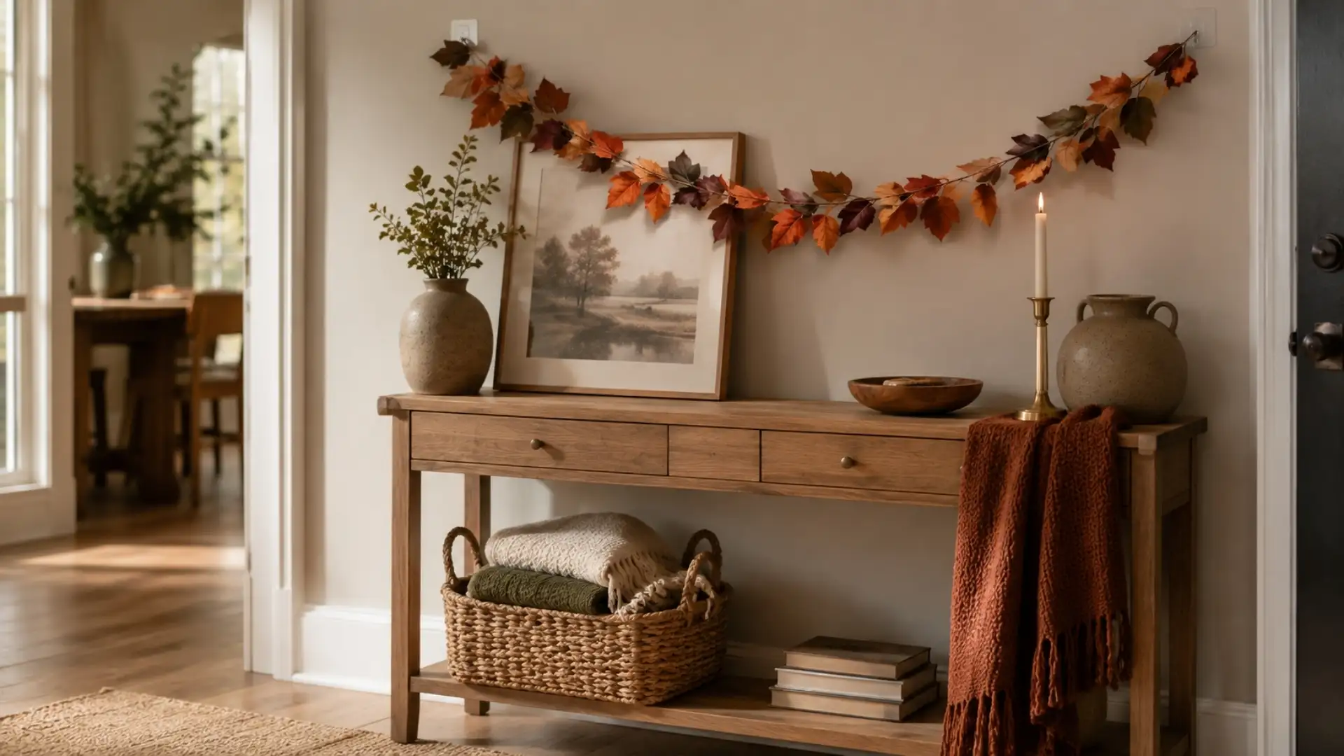 No-drill fall decor idea for renters using a removable-hook leaf garland and a leaning framed print