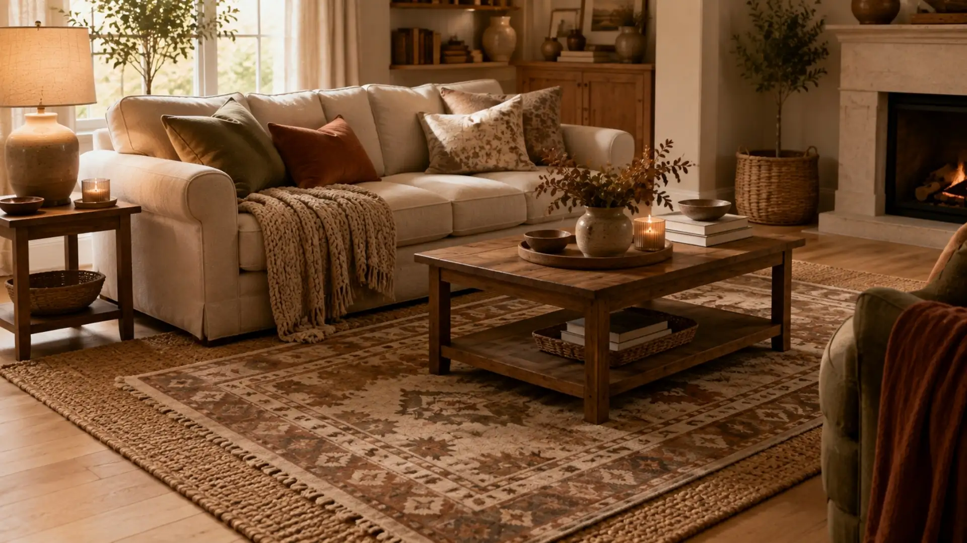 Layered rugs and runners adding warmth underfoot for fall home decor