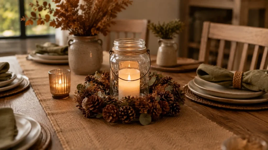  DIY fall decor idea with a mason jar lantern, pinecone wreath centerpiece, and burlap table runner