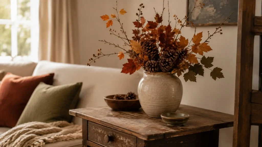 Thrifted fall decor idea using gathered branches and leaves in a ceramic vase on a secondhand table