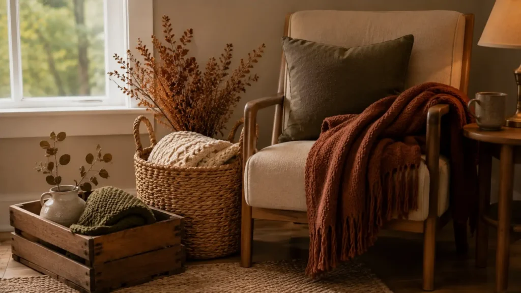Repurposed basket and crate used as budget-friendly fall home decor storage and styling