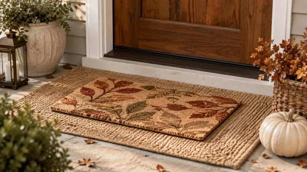 Fall porch decor idea layering a seasonal doormat over a neutral outdoor rug