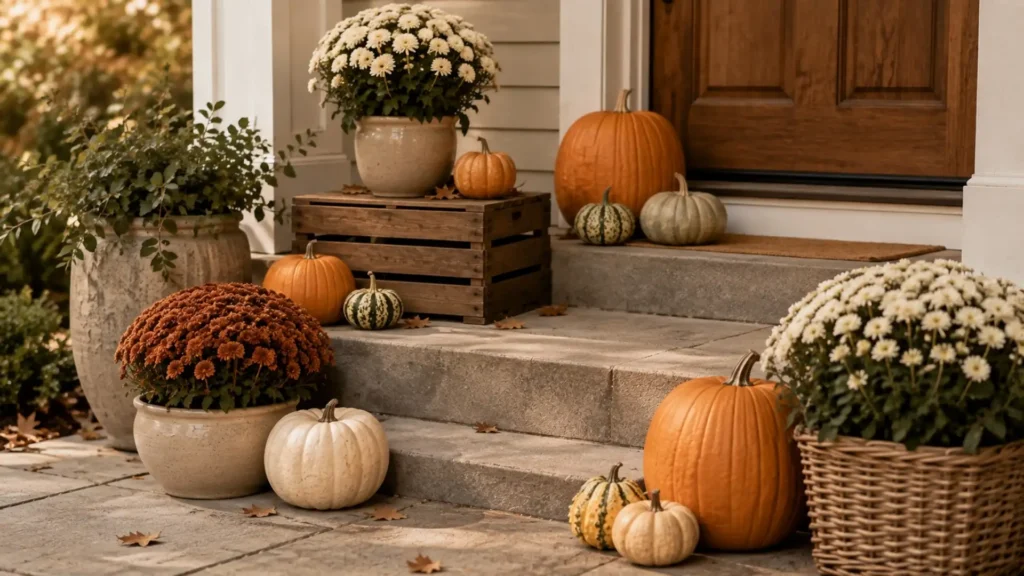 Fall porch decor ideas styling steps with pumpkins, gourds, and mums at varied heights