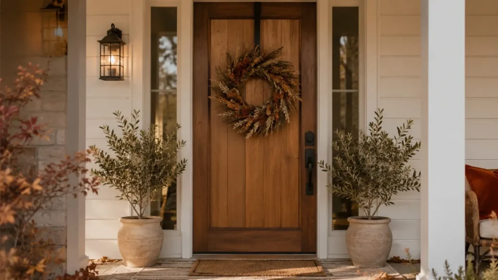 Fall front door decor idea with a dried-stem wreath hung from a renter-friendly hook