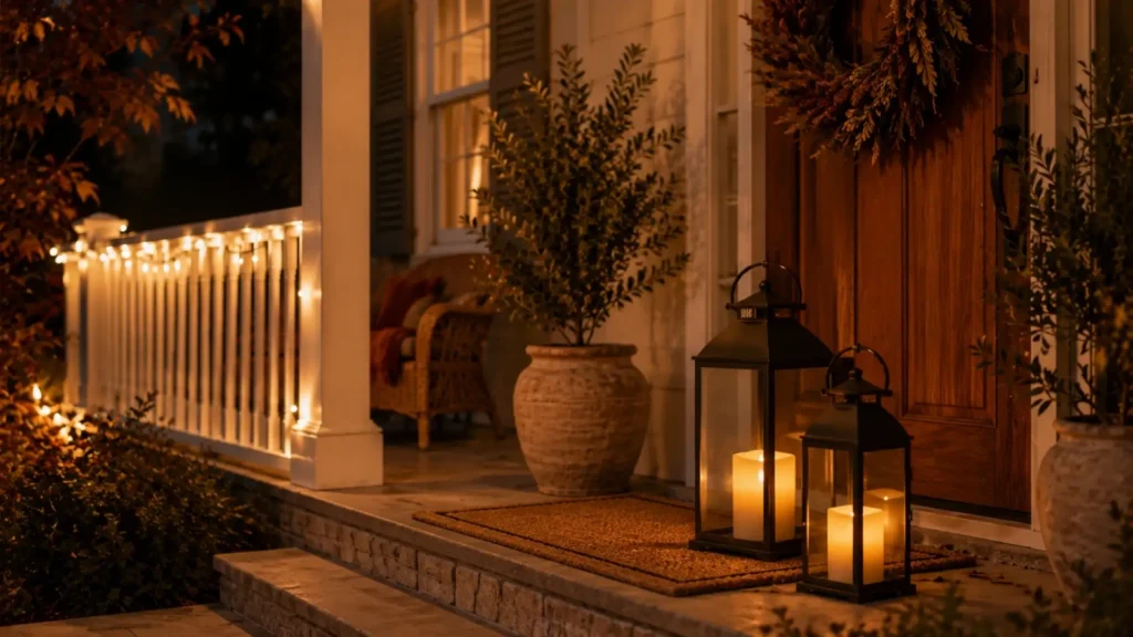 Outdoor fall decorations idea using lanterns and warm string lights for evening porch glow