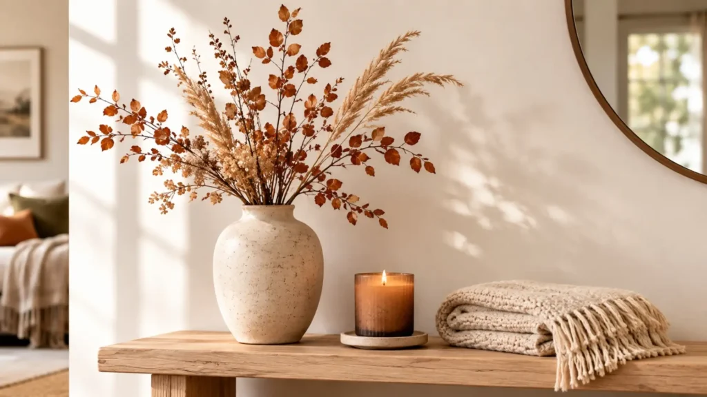 Minimalist fall decor idea with one vase of dried botanical arrangements, a folded throw, and a single warm candle