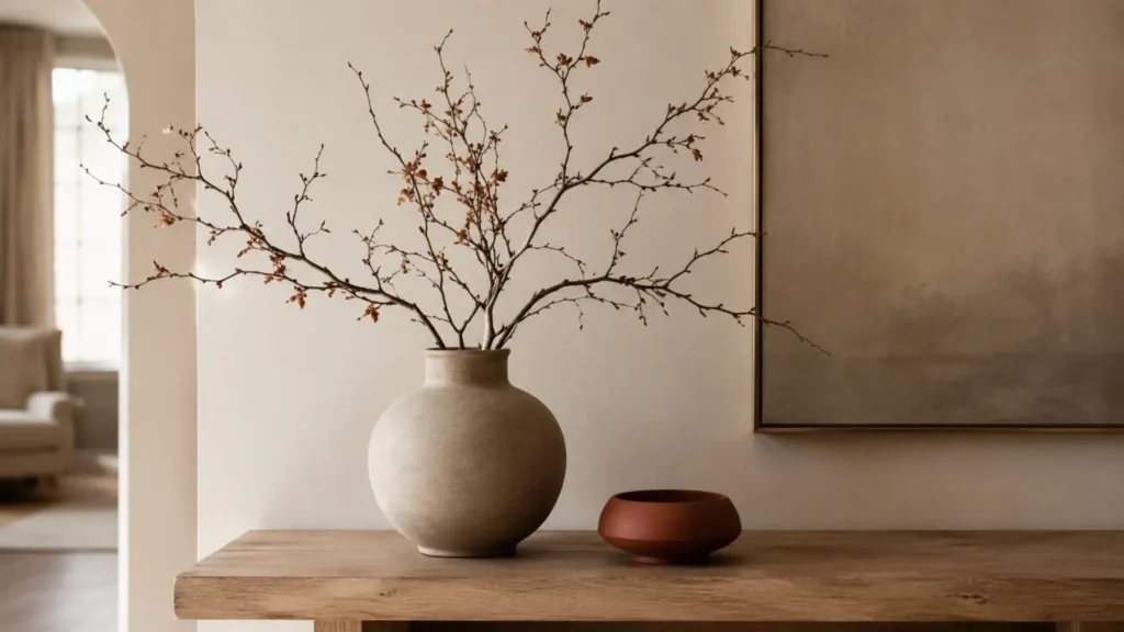 Modern fall decor idea with foraged branches decor in a rounded stoneware vase on a clean neutral console