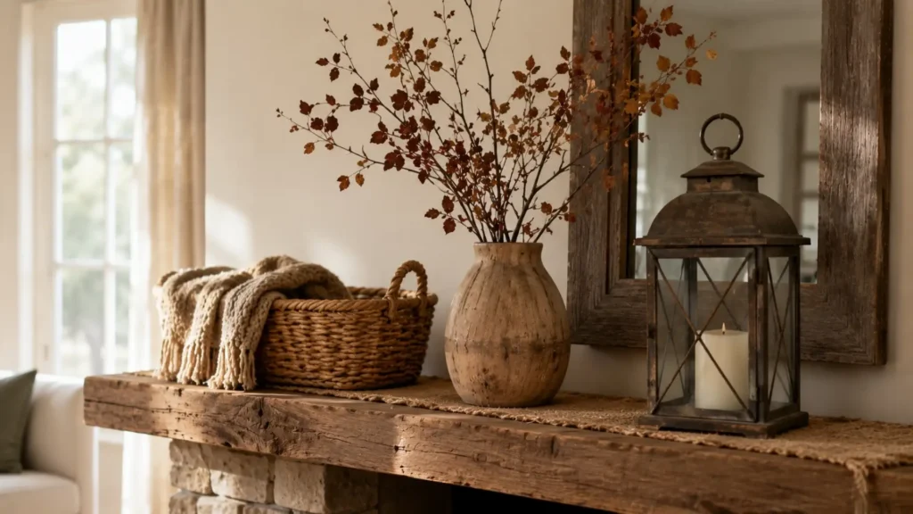 Rustic fall decor idea with a wood mantel, lantern centerpieces, and a jute runner mixing old and new textures