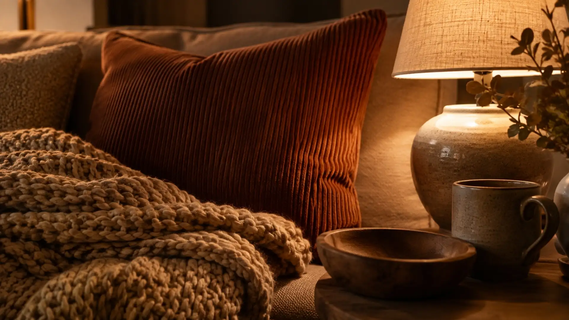 Close-up of layered fall textures — corduroy pillow, wool throw, and rattan basket — for a cozy living room.