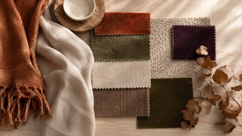 Warm fall home decor color palette with terracotta, muted rust, olive, and deep plum fabric swatches