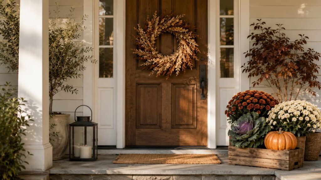 Restrained autumn front porch display with a diy fall wreath and a grouping of ornamental cabbage and mums