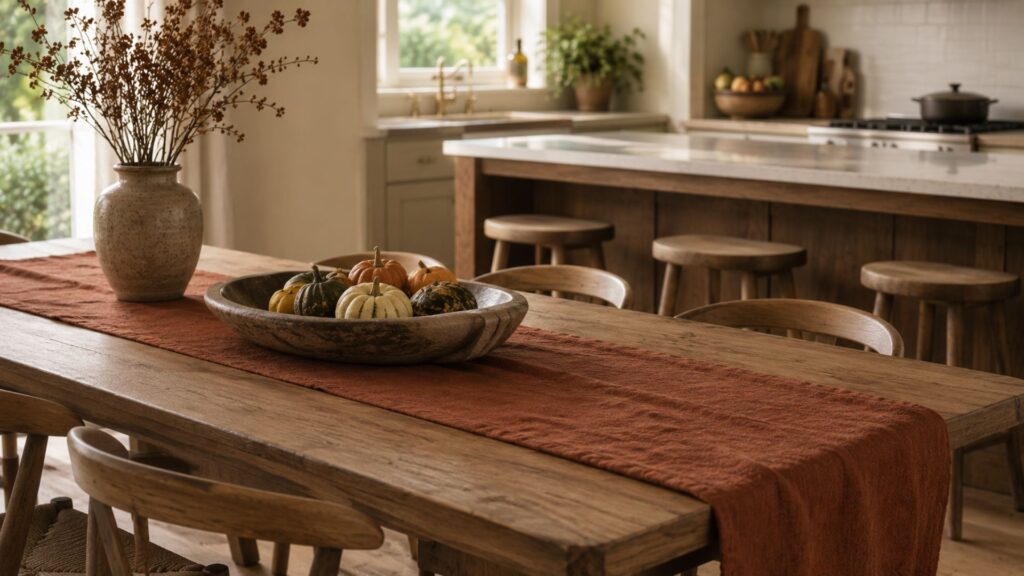 Autumn tablescape idea with a rust table runner and a dried hydrangeas centerpiece in a low stoneware bowl
