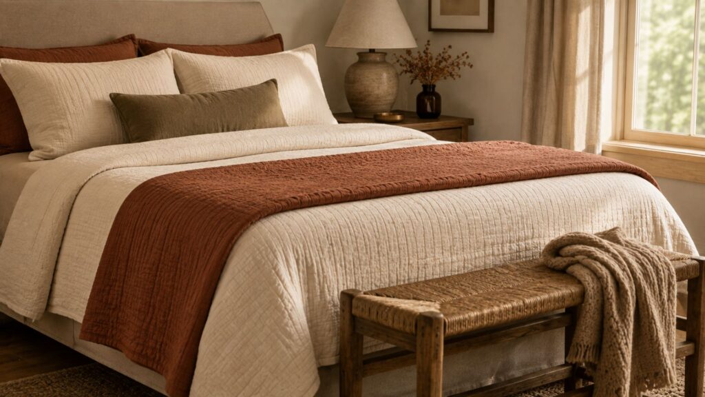 Budget friendly fall decor idea layering warm terracotta and cream bedding at the foot of the bed