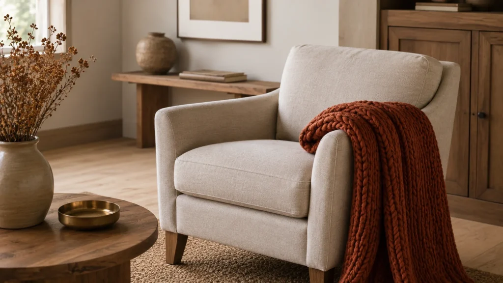 Cozy autumn living room idea: a rust-toned throw and seasonal throw pillows draped over a neutral sofa
