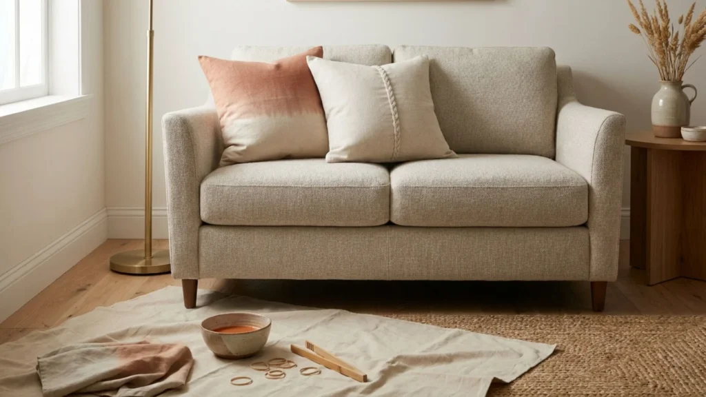 DIY dip-dyed throw pillow covers in ombré terracotta on a neutral linen sofa