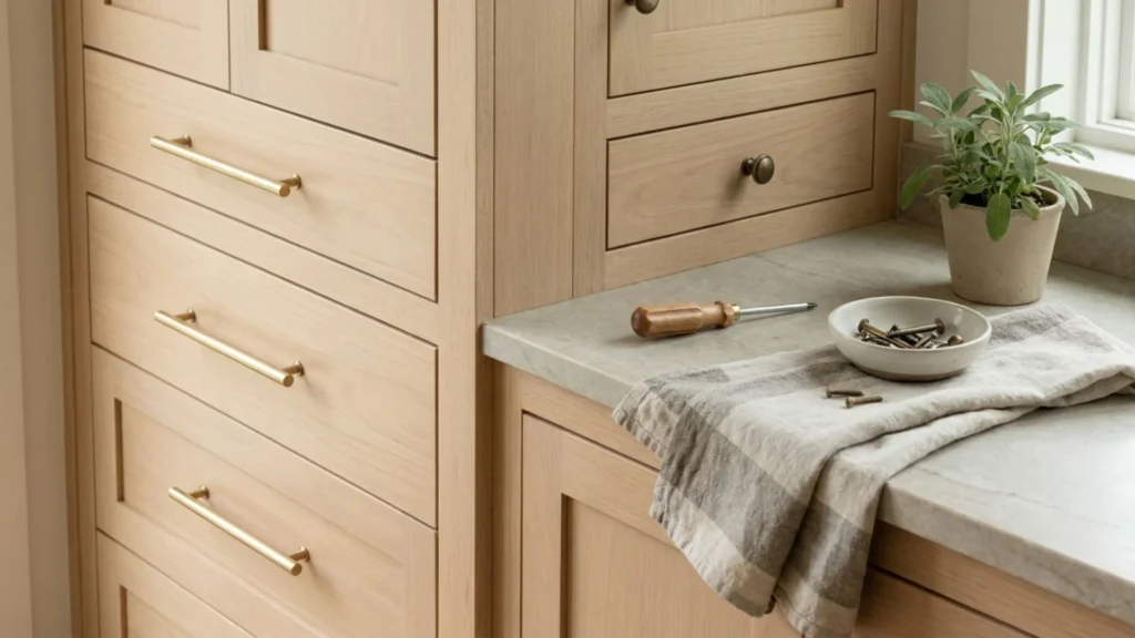 DIY cabinet hardware swap idea replacing builder-grade knobs with brushed brass pulls