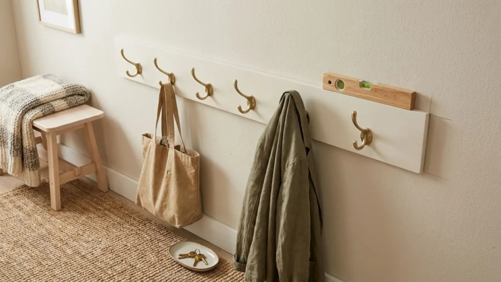 DIY entryway hook rail idea with brushed-brass hooks mounted on a slim wood board