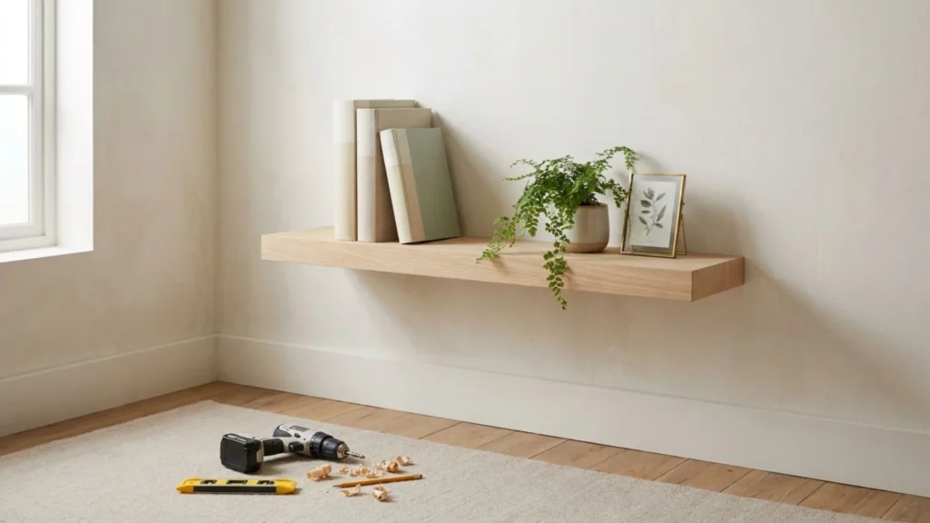 DIY floating shelf ledge made from one painted board styled with books and a small plant
