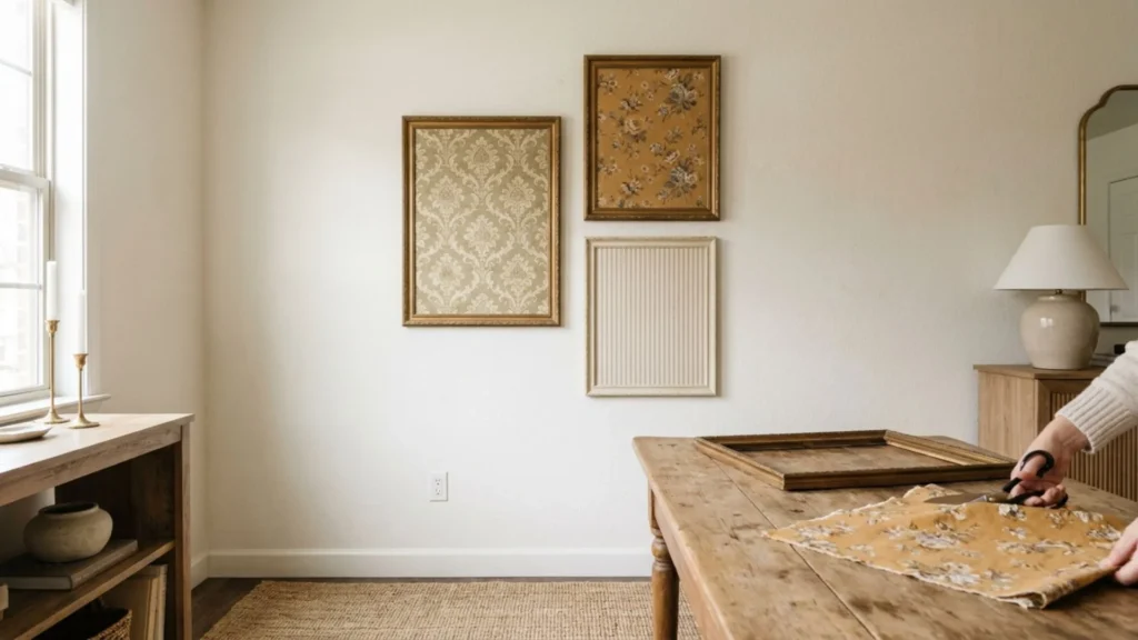 DIY framed fabric wall art idea using a wallpaper remnant stretched inside a thrifted frame