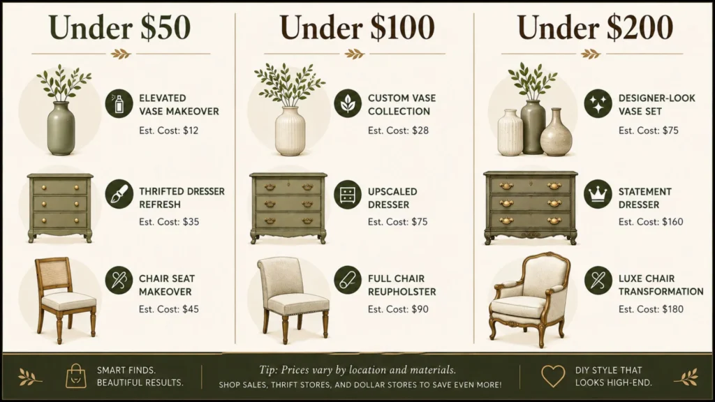 DIY home decor budget infographic sorting projects into under $50, under $100, and under $200 tiers