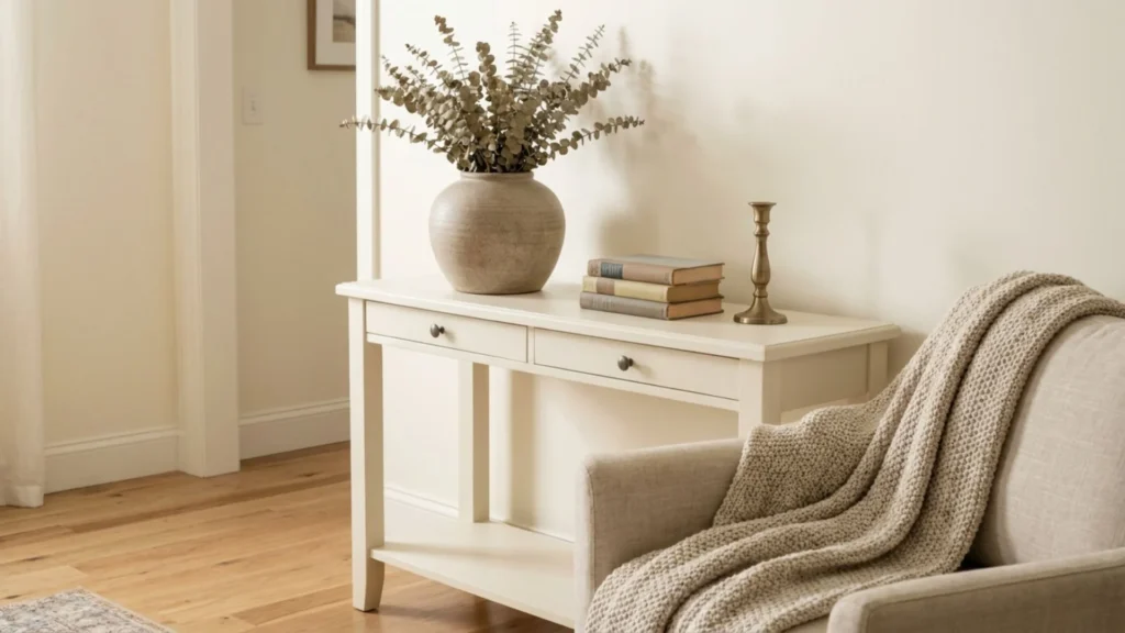 DIY home decor hero image with a painted thrifted console, dried branches in a stoneware vase, and a folded knit throw