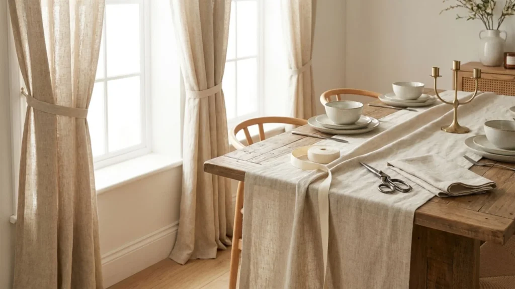 DIY no-sew curtain and table runner idea using fabric tape and drop-cloth linen