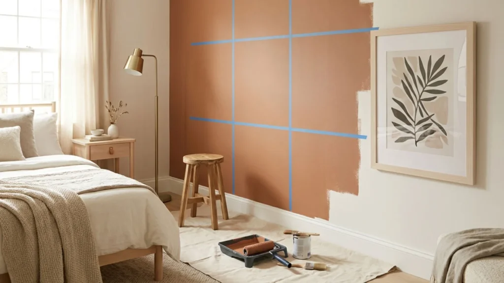 DIY painted accent wall idea using painter's tape panel moulding lines in a soft clay tone