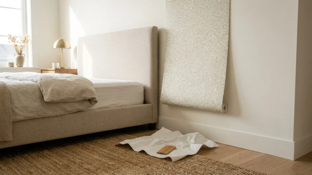 DIY removable wallpaper accent panel idea applied to a single wall section for renters
