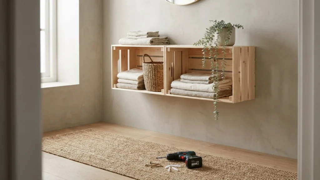DIY storage idea using repurposed wood crates mounted as open wall shelving
