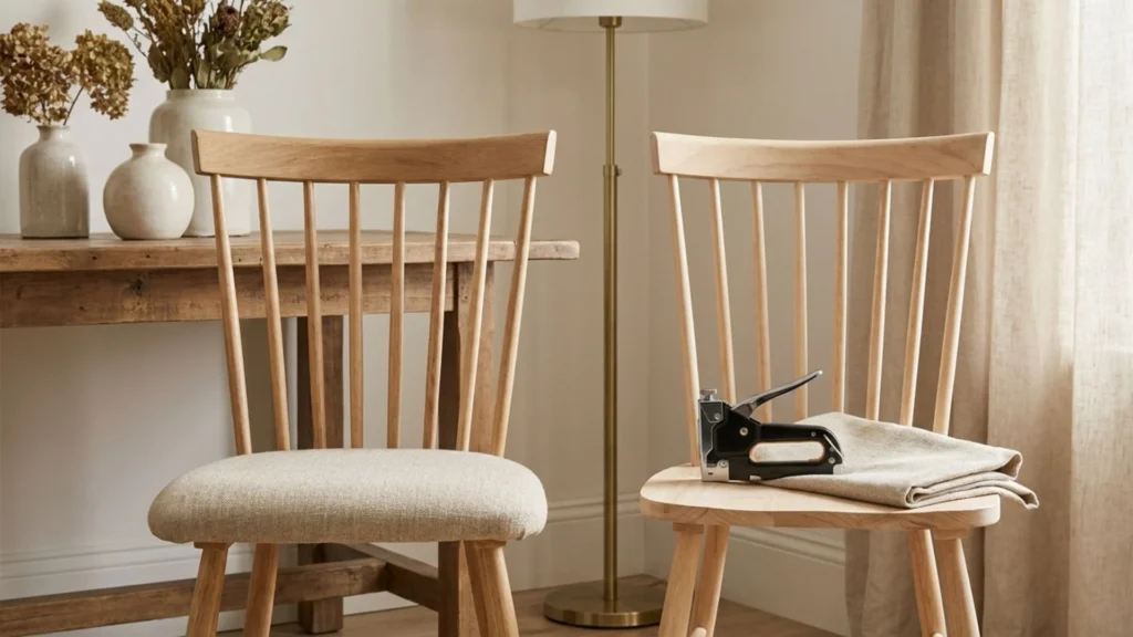 DIY reupholstered chair seat idea using neutral linen fabric and a staple gun