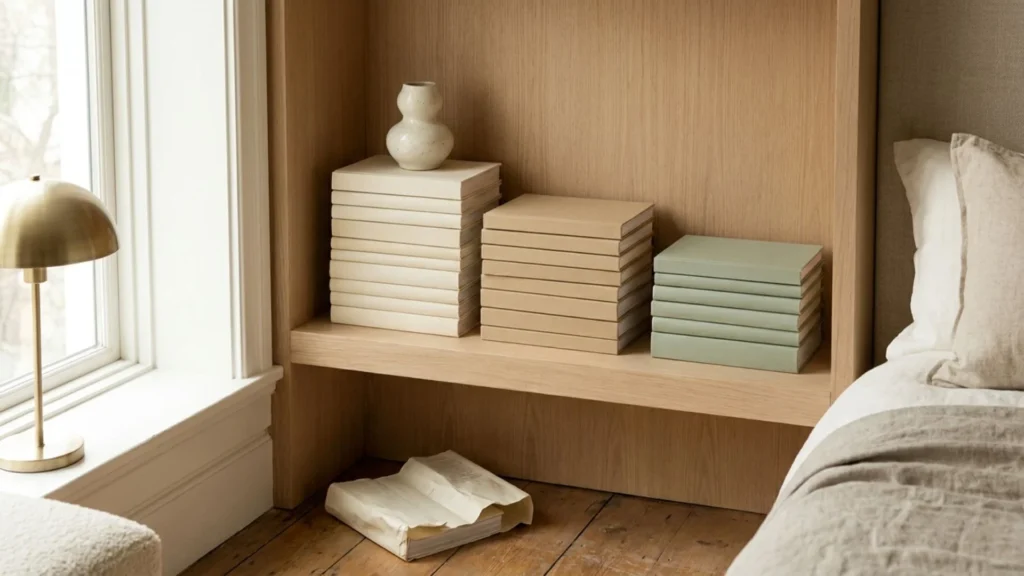 DIY home decor idea: thrifted books wrapped in cream, tan and sage paper and stacked by color on a bedroom shelf with a small vase