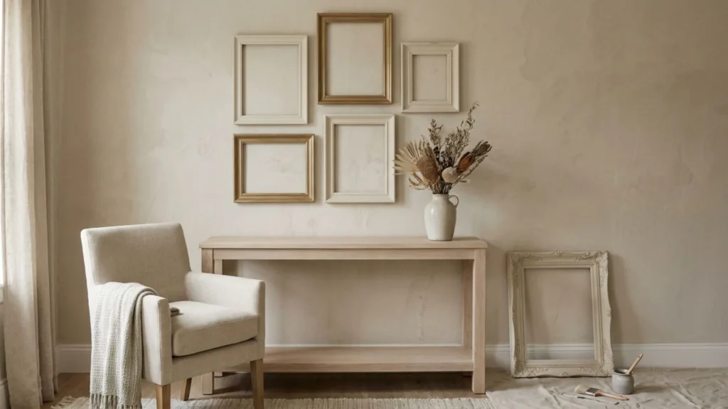 DIY thrifted frame gallery wall idea with mismatched frames repainted in one cohesive color